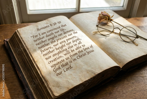 Open antique bible displaying Romans 8:38-39 verse about  Jesus Christ, Christian scripture for faith and worship, religious stock illustration