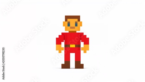 Pixelated Male Character in Red Shirt and Brown Pants, Retro Video Game Style