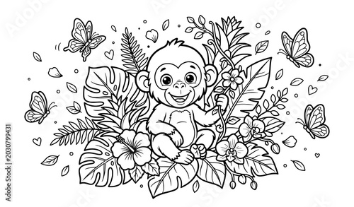 Photography Baby chimpanzee surrounded by flowers coloring page vector illustration