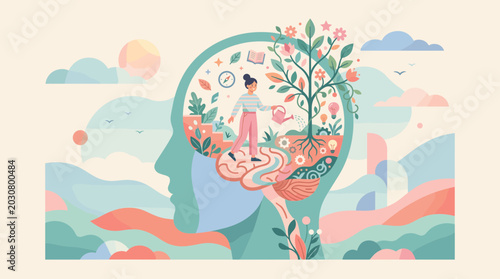 Creative Illustration of Human Head with Nature Elements.