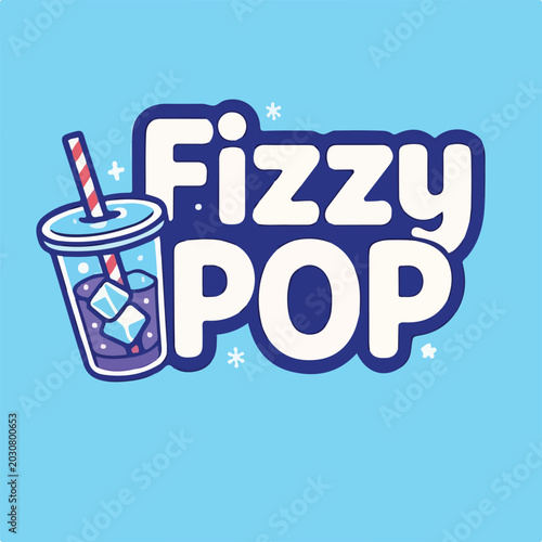 Creative illustration showcasing a refreshing soda drink with ice cubes and a striped straw for a fun beverage brand logo