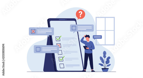 Confused man stands next to a giant smartphone displaying a long checklist with multiple task notifications for digital daily management.