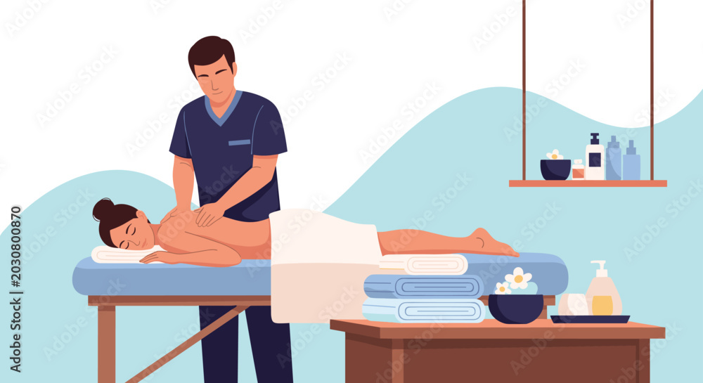 Fototapeta premium Professional massage therapist provides a relaxing back treatment for a woman on a spa table in a serene and peaceful wellness center environment.