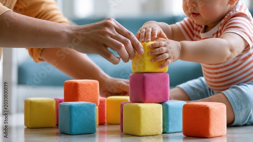 Baby Playing with Colorful Educational Soft Blocks at Home