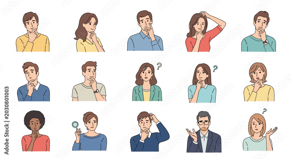Fototapeta premium Diverse group of people shows various thinking, wondering, and questioning facial expressions in a grid of creative character portraits.