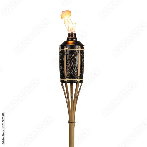 Burning tiki torch with bamboo base isolated on transparent background