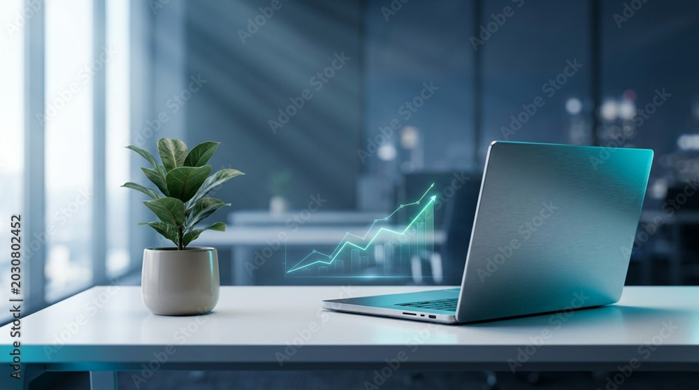 Fototapeta premium Unbranded laptop on a white corporate desk displaying a glowing green holographic financial growth chart in a modern evening office setting