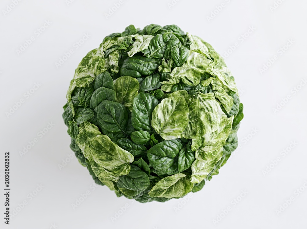 Fototapeta premium Conceptual flat lay of a spherical arrangement of fresh green spinach leaves on a clean white background, showcasing vibrant textures and colors