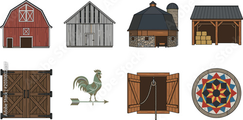 Foto Rustic Farm Building Collection with Barns, Wooden Gates, Rooster Weather Vane,