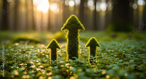 Eco business direction and green strategy. Environmental growth concepts. Three arrows made of green moss growing in a sunny forest landscape