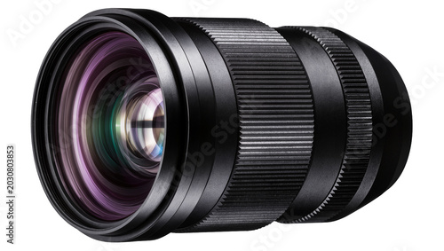 Schilderij op canvas Black camera lens with multi-coated glass elements and ribbed grip rings