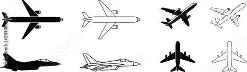 Airplane silhouettes and outlines collection, aviation passenger jet and combat fighter plane symbols isolated