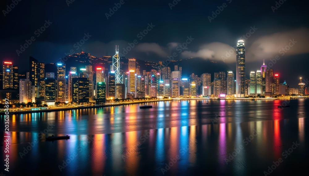 Obraz premium City Skyline at Night Reflected in Water