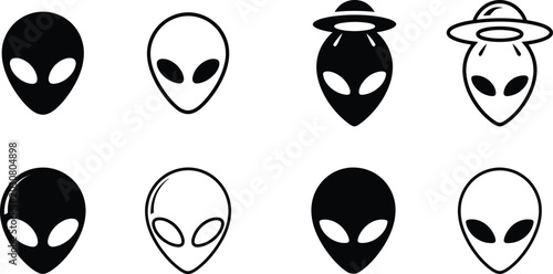 Grey alien face silhouettes with flying saucer UFO, spooky space creature outline symbols isolated