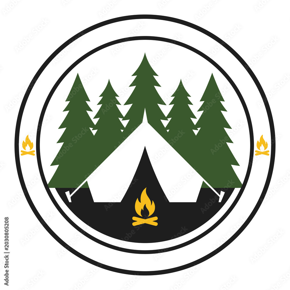 Obraz premium Outdoor camping adventure logo featuring a tent pine trees and campfires within a circular emblem icon