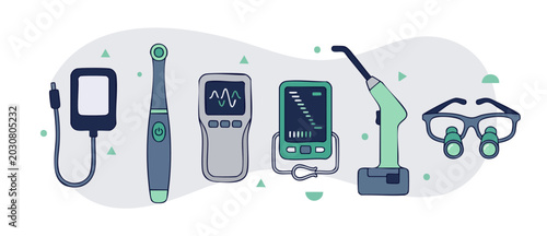 Foto Dental instruments and equipment set, professional dentistry tools icons for cli