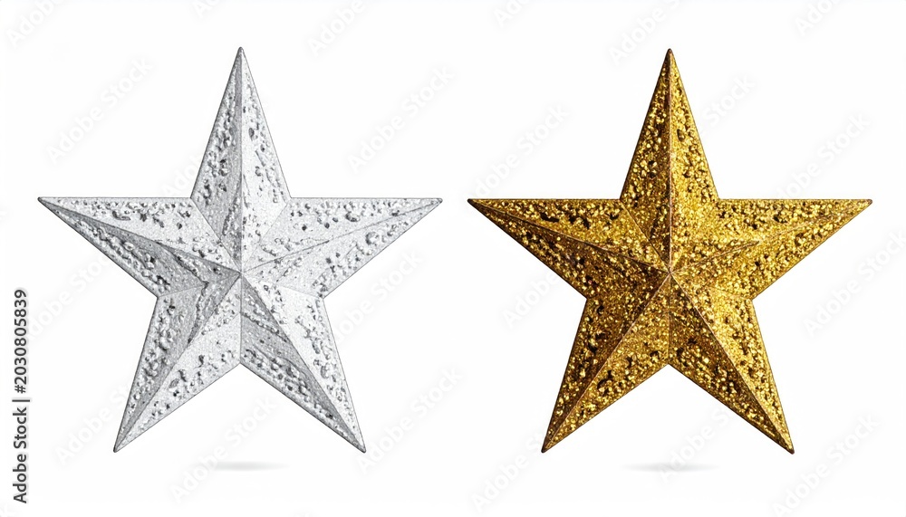 Obraz premium Silver and golden stars, isolated on white, appear textured and three dimensional