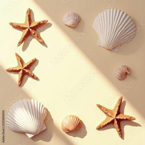Aesthetic Arrangement of Seashells and Starfish on a Soft Background