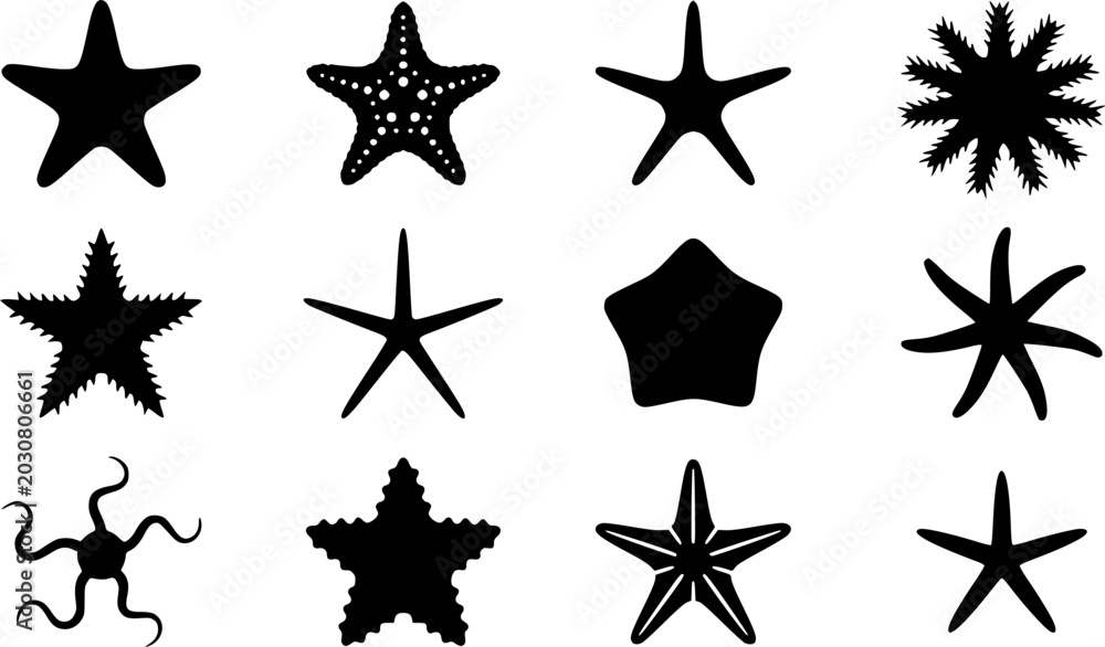 Obraz premium Starfish Silhouette Icons – Tropical Beach Sea Star Vector Bundle