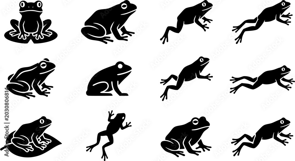 Obraz premium Frog Silhouette Icons – Playful Jumping & Sitting Amphibian Vector Bundle