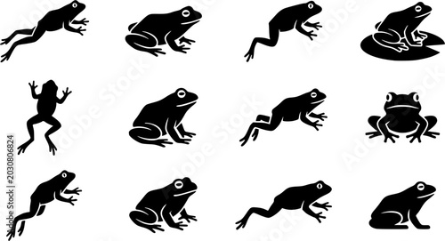 Frog Silhouette Icons – Playful Jumping & Sitting Amphibian Vector Bundle