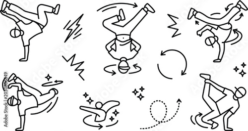 Vászonkép Breakdance and hip hop dancer line art vector icon set with dynamic street dance