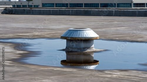 Industrial rooftop vent reflected in a large rain puddle, highlighting weathered metal, ponding water and urban infrastructure on a flat commercial roof after a storm