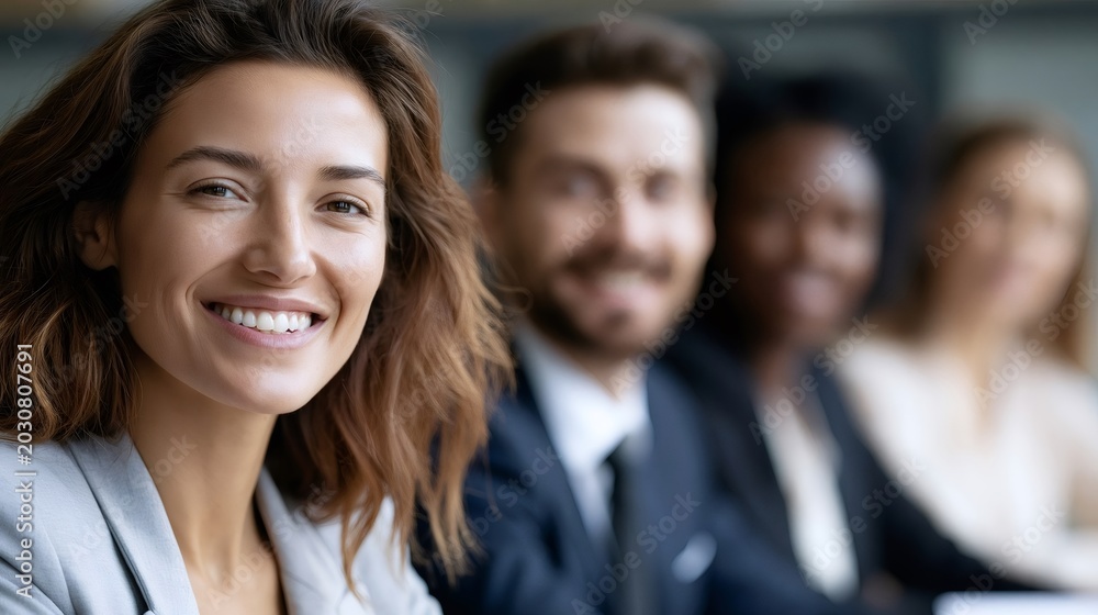 Fototapeta premium Smiling young businesswoman leading a diverse team during an office meeting, projecting confidence, success, and leadership within a collaborative and professional business environment