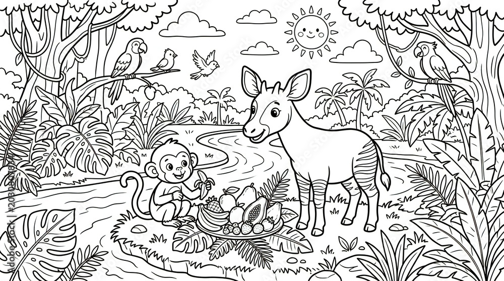 Obraz premium Okapi sharing forest fruit coloring page for children
