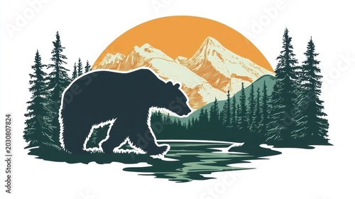 A wilderness logo featuring a bear walking through a forest with a river in the background.