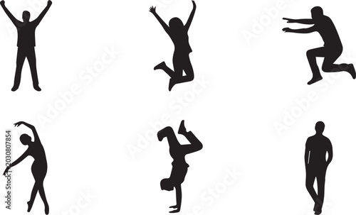 Fotografia Active People Silhouette Vector Asset Set Featuring Jumping Dancing Breakdancing