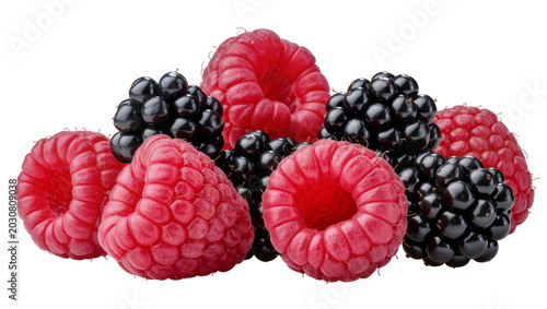 Foto Fresh raspberries and blackberries pile