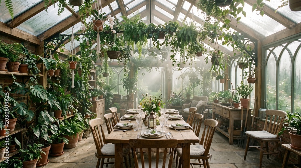 Fototapeta premium Vintage Botanical Conservatory Dining Space with Hanging Plants and Rustic Charm