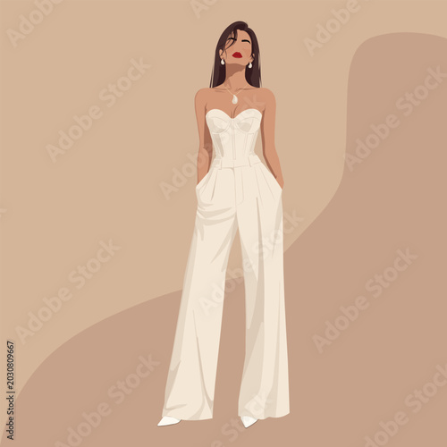 Tableau sur toile Hand-drawn vector illustration of elegant woman in ivory bridal jumpsuit