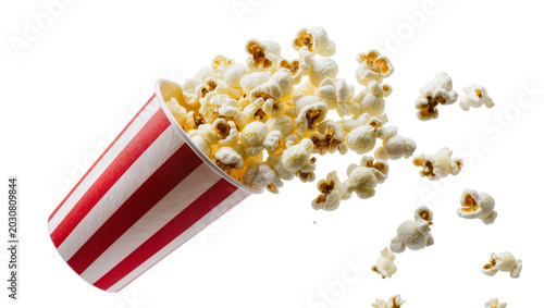 Fotografía Red and white striped bucket spilling popcorn