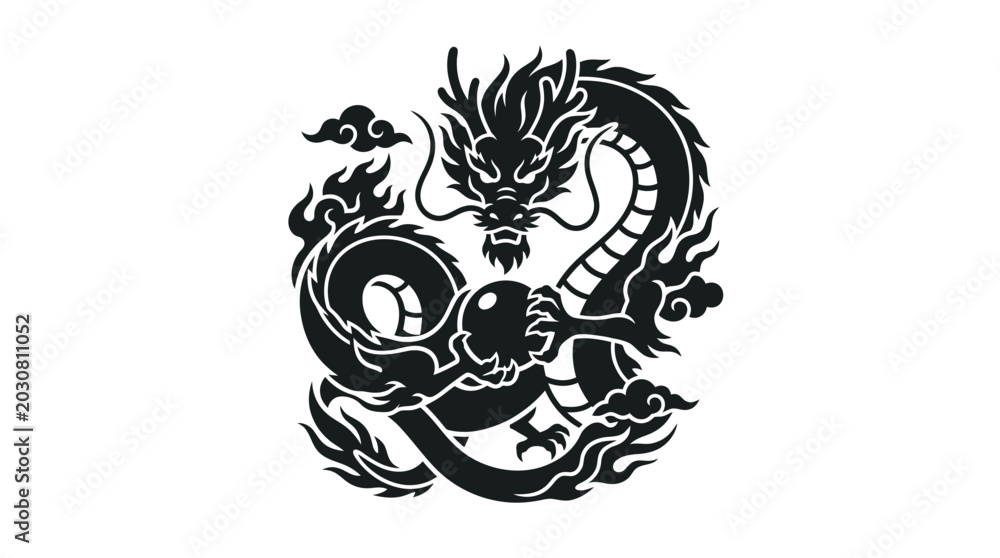 Fototapeta premium Black Dragon Holding Pearl Illustration.