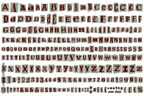 Cut out ransom vector alphabet Latin English letters, numbers and punctuation symbols. Anonymous blackmail newspaper font in trendy collage paper style for detective, criminal and ransom note design.