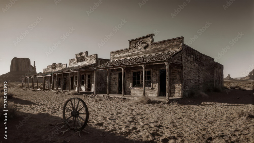 Obraz premium Old West Town Scene - Deserted Buildings and Wagon Wheel.