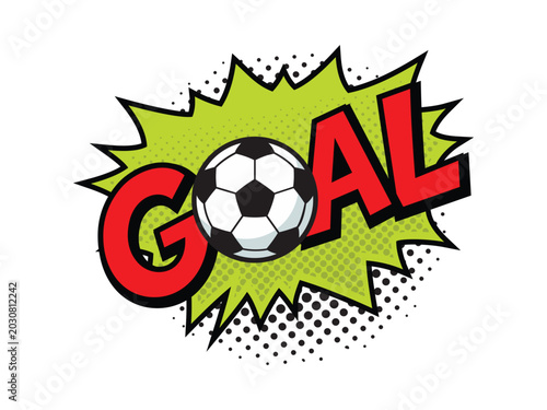 Comic style soccer goal illustration with soccer ball and burst effect isolated on white for sports marketing campaign.