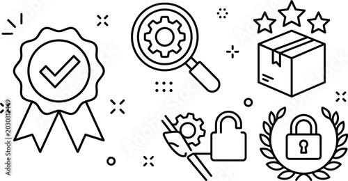 Quality assurance product certification process control and security guarantee line icons set for business standards compliance concept
