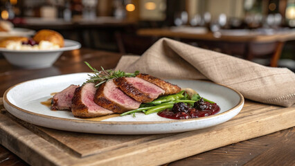 Photorealistic duck breast plated on rustic oak board with warm restaurant ambience, cherry glaze and microgreens, editorial horizontal composition