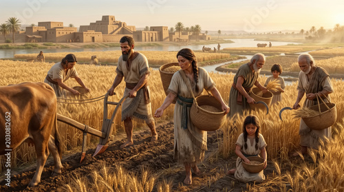 Ancient farmers cultivating a golden wheat field with a river and village in the background