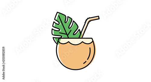 Tropical Coconut Drink with Leaf and Straw Icon - Flat Design