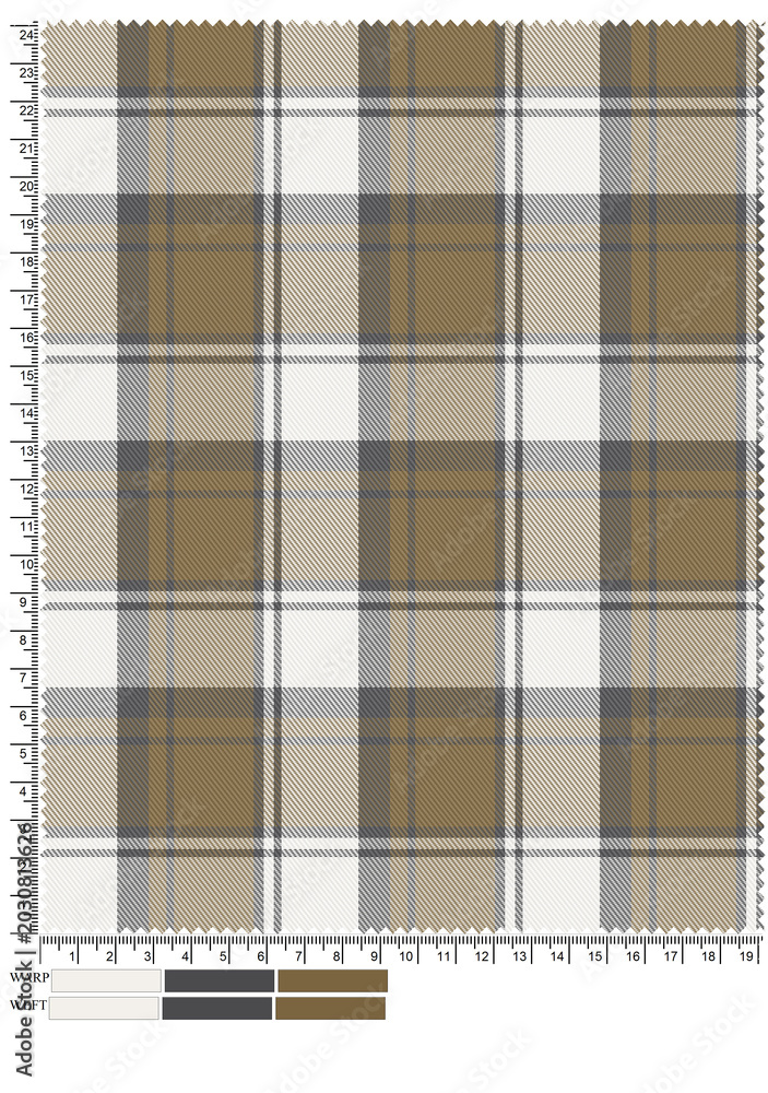 A seamless textile fabric pattern featuring a classic plaid design with intersecting vertical and horizontal lines in sophisticated, neutral shades of cream, grey, and brown.