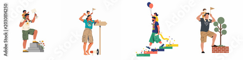 Schilderij op canvas Set of Illustrations Featuring Parents Carrying Children on Their Shoulders During Various Activities, Symbolizing Family Bonding, Adventure, Progress, and Activism
