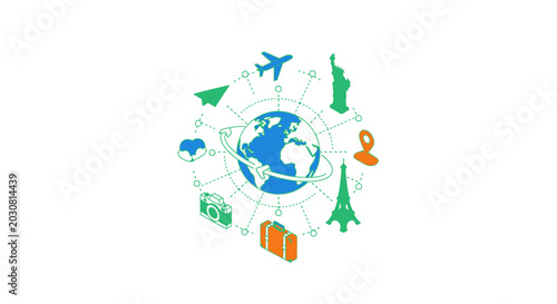Tableau sur toile A colorful graphic illustration showing global travel icons around a central glo