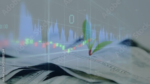 Overlay intensifying, candles sliding with wave rising behind green sprout on bills, showing growth