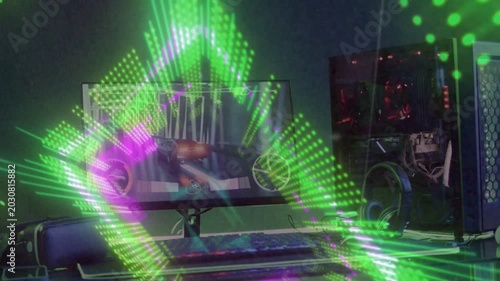 Music pulse initiating monitor visualizer, green rays rotating and masking dash, visualizing sound