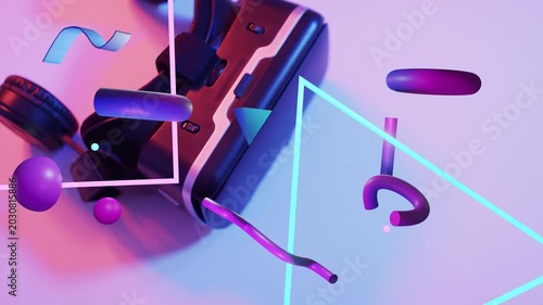 Neon triangle appearing, 3D shapes floating, rotating around black headphone case, showing product