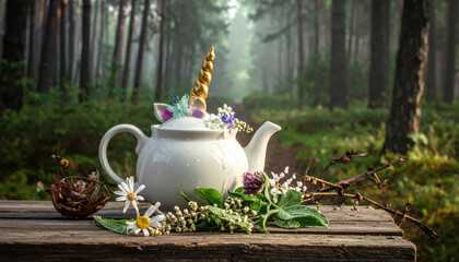Whimsical teapot with a golden unicorn horn spout and floral decorations in an enchanted forest setting, perfect for a magical tea party.